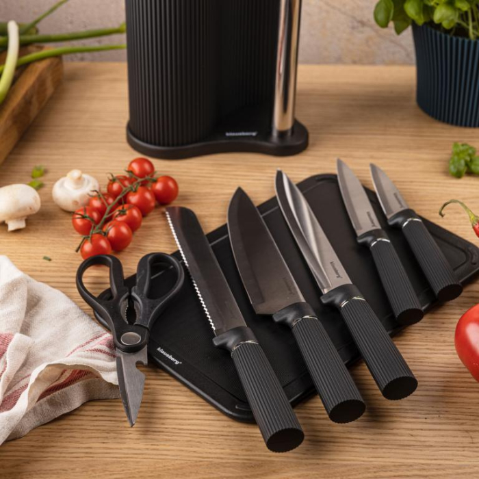 Set tocator, cutite si foarfeca din otel inoxidabil cu suport, 8 piese, negru (KB-7977) [8]