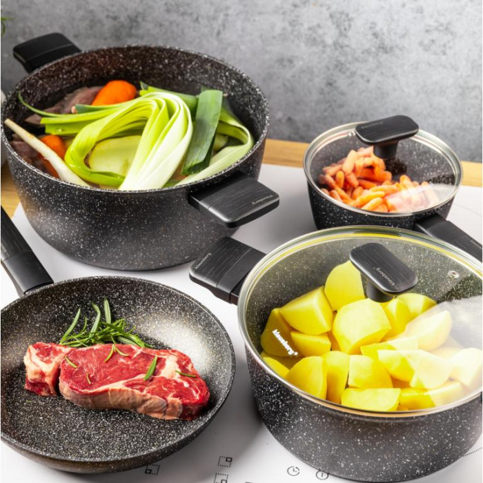 Set de oale si tigai cu strat antiaderent, 12 piese 6 vase, 4 capace, 2 suporturi, negru (KB-7830) [30]