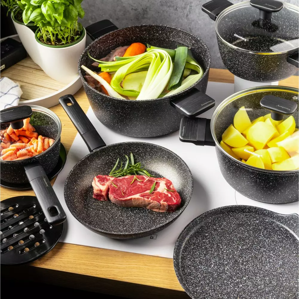 Set de oale si tigai cu strat antiaderent, 12 piese 6 vase, 4 capace, 2 suporturi, negru (KB-7830) [17]