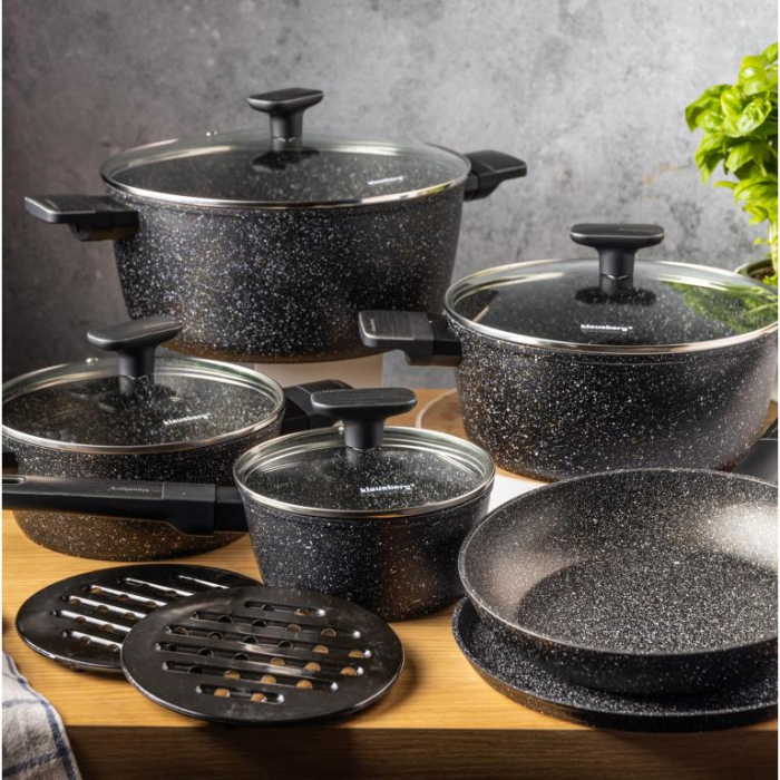 Set de oale si tigai cu strat antiaderent, 12 piese 6 vase, 4 capace, 2 suporturi, negru (KB-7830) [34]