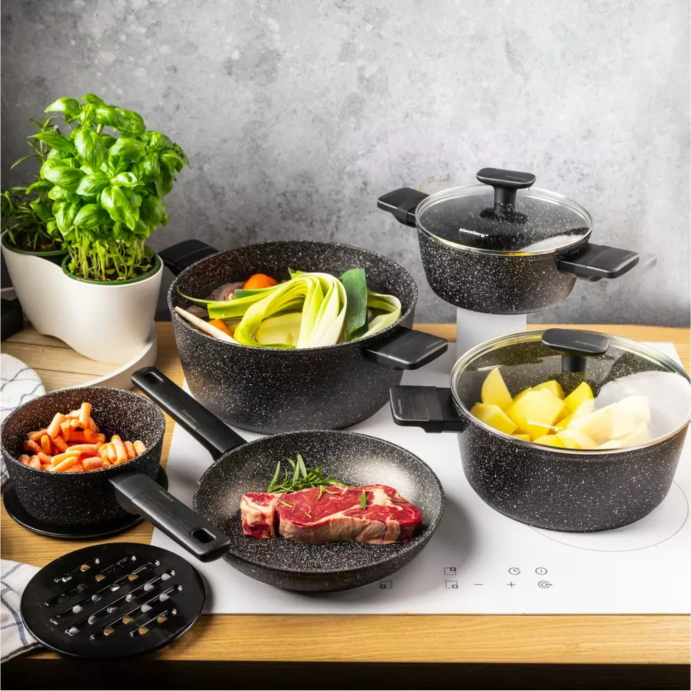 Set de oale si tigai cu strat antiaderent, 12 piese 6 vase, 4 capace, 2 suporturi, negru (KB-7830) [28]