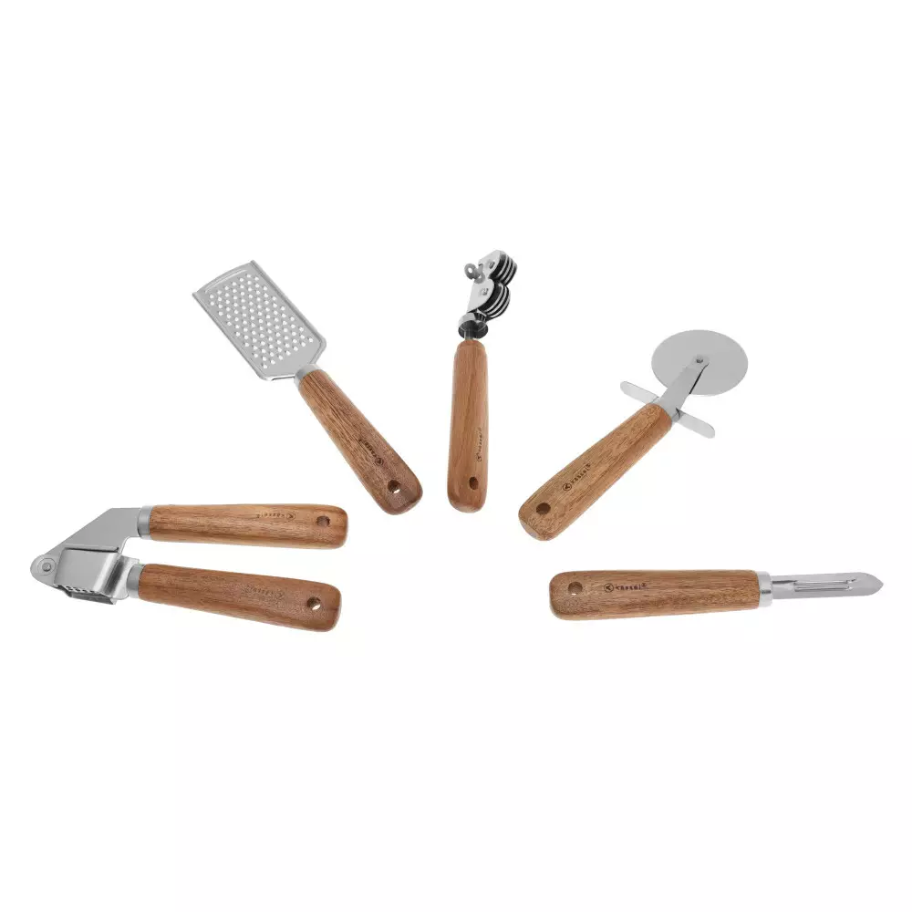 Set de ustensile accesorii bucatarie din otel si lemn de salcam, 5 piese (93706) [2]