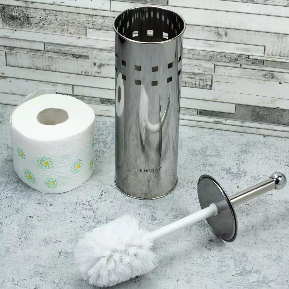 Set perie si suport toaleta, otel inoxidabil + tava interioara plastic, negru, diametru 10x39,5cm (KH-3220) [2]