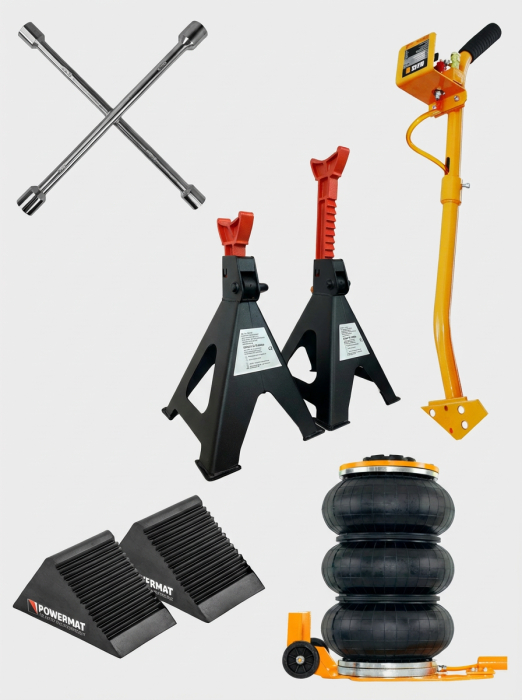 Set ridicare auto cric pneumatic 3.5 tone + suporti 3 tone + cheie cruce + pene opritoare (14308+OX-467+KD10532+PM-GKPK-133T) [2]