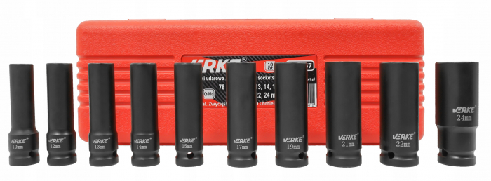 Set trusa chei tubulare impact lungi ½ 10 piese 10-24mm intarite, pistol impact (V39467) [10]