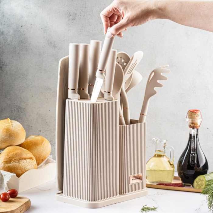 Set ustensile de bucatarie cutite si tocator bej (KB-7935) [2]