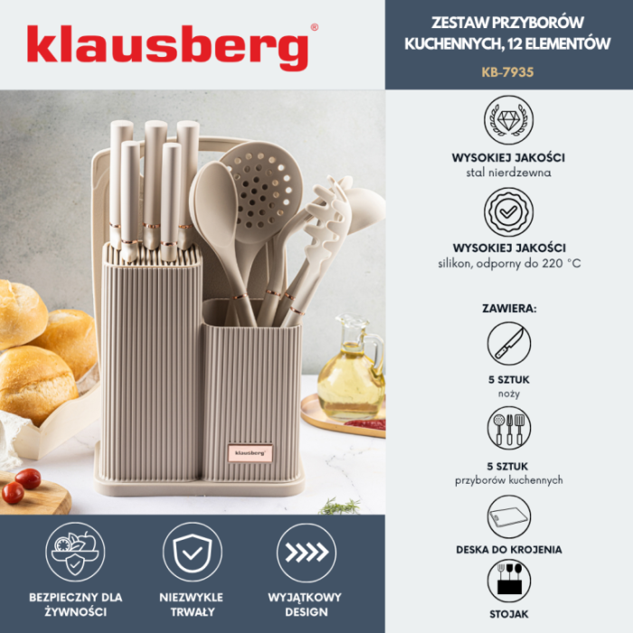 Set ustensile de bucatarie cutite si tocator bej (KB-7935) [12]