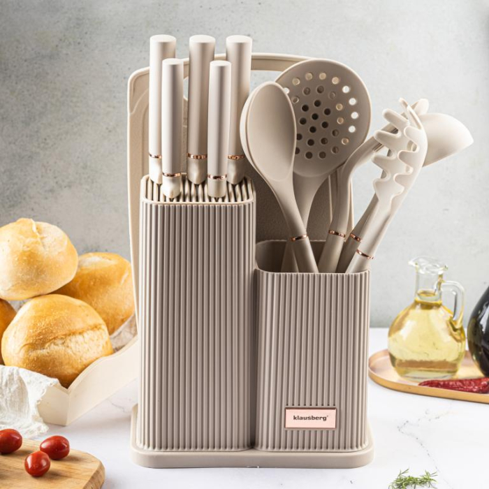 Set ustensile de bucatarie cutite si tocator bej (KB-7935) [15]