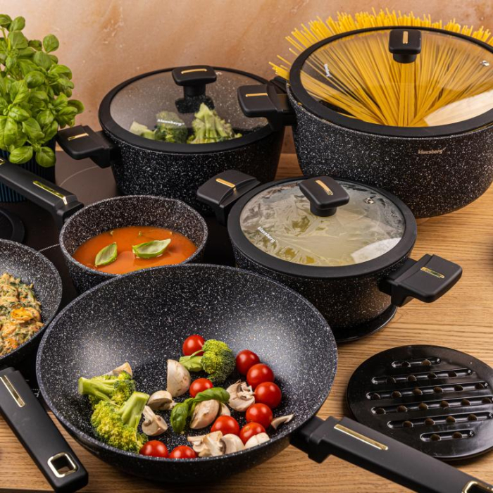 Set vase gatit 12 piese din aluminiu turnat cu coating marmura antiaderent si capace sticla (KB-7968) [14]