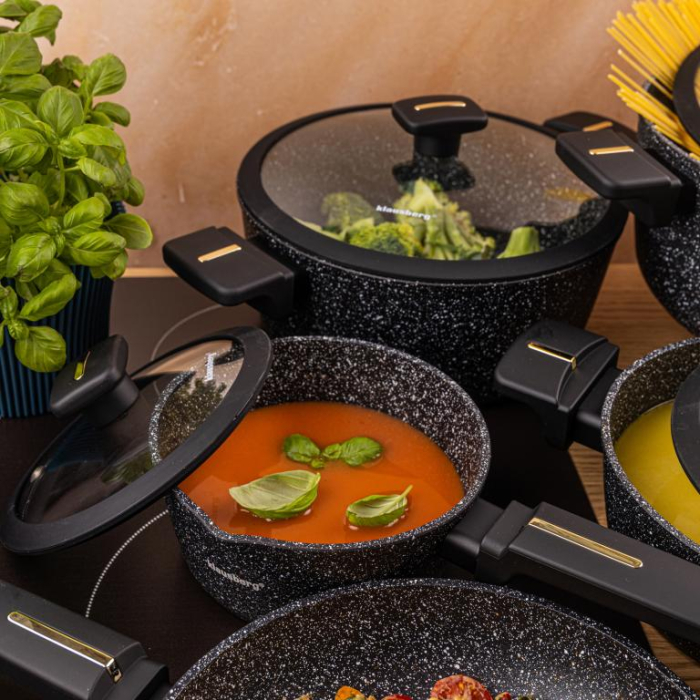 Set vase gatit 12 piese din aluminiu turnat cu coating marmura antiaderent si capace sticla (KB-7968) [2]