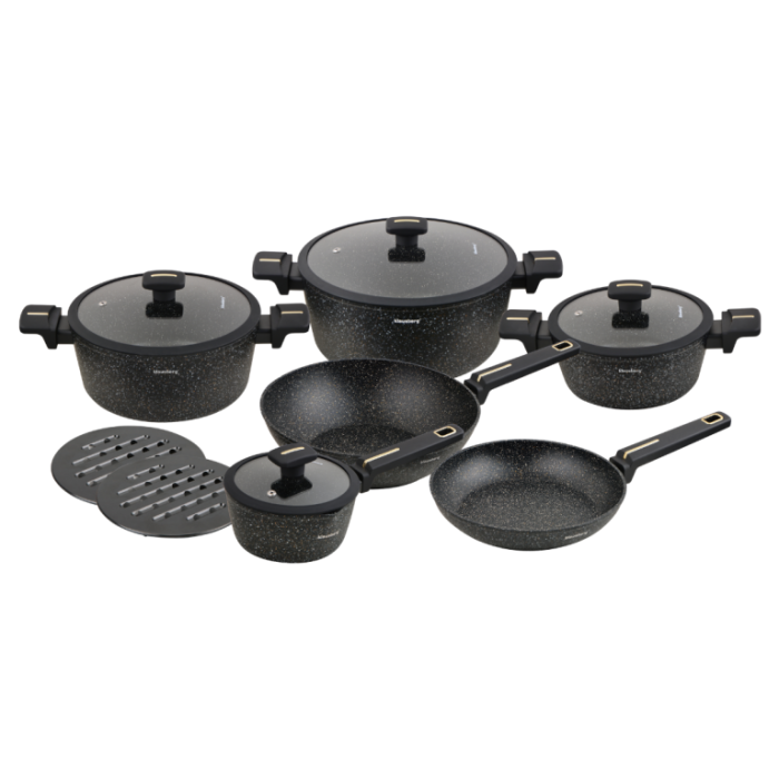 Set vase gatit 12 piese din aluminiu turnat cu coating marmura antiaderent si capace sticla (KB-7968) [13]