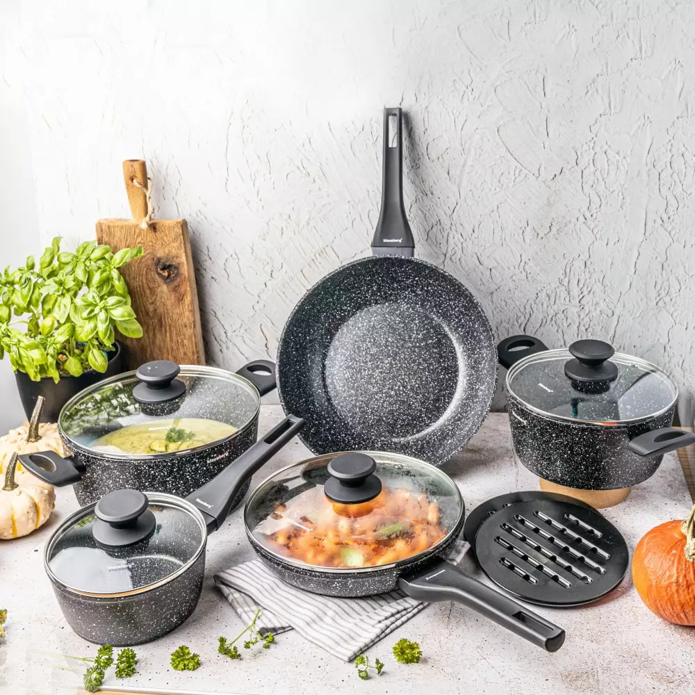 Set vase pentru gatit cu invelis antiaderent din marmura, 12 piese, 4 oale, 2 tigai, 5 capace si suporturi termorezistente (KB-7657) [6]