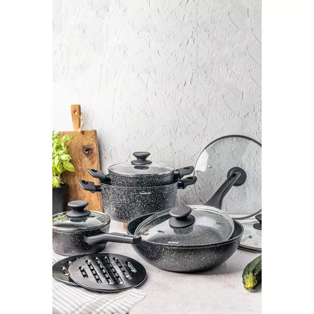 Set vase pentru gatit cu invelis antiaderent din marmura, 12 piese, 4 oale, 2 tigai, 5 capace si suporturi termorezistente (KB-7657) [2]