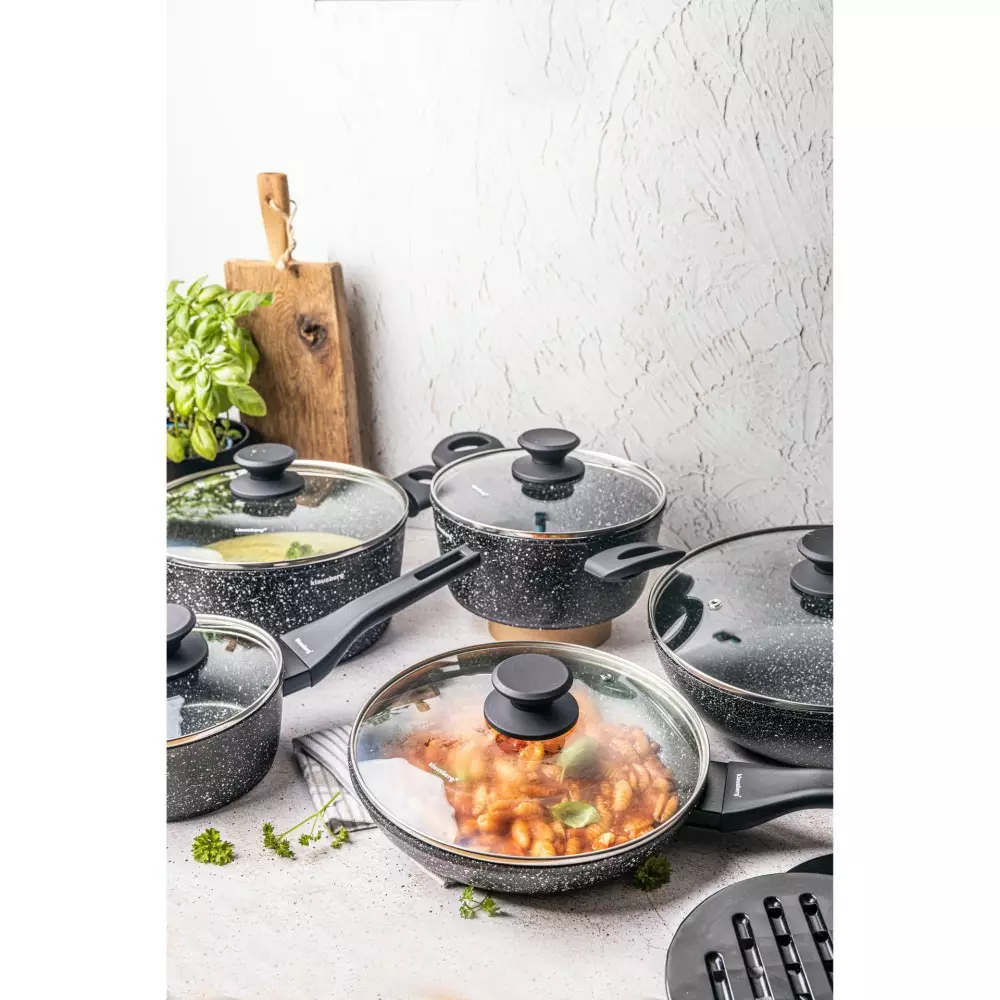 Set vase pentru gatit cu invelis antiaderent din marmura, 12 piese, 4 oale, 2 tigai, 5 capace si suporturi termorezistente (KB-7657) [4]