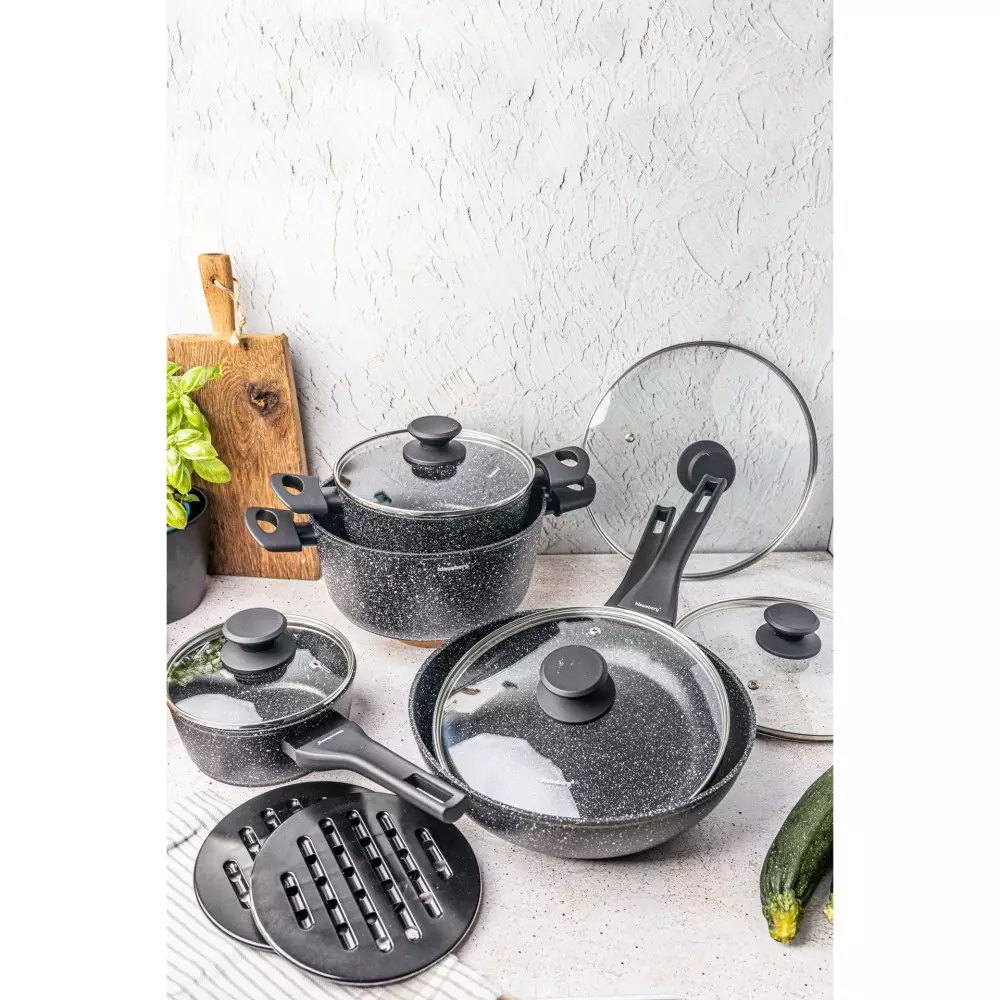 Set vase pentru gatit cu invelis antiaderent din marmura, 12 piese, 4 oale, 2 tigai, 5 capace si suporturi termorezistente (KB-7657) [5]