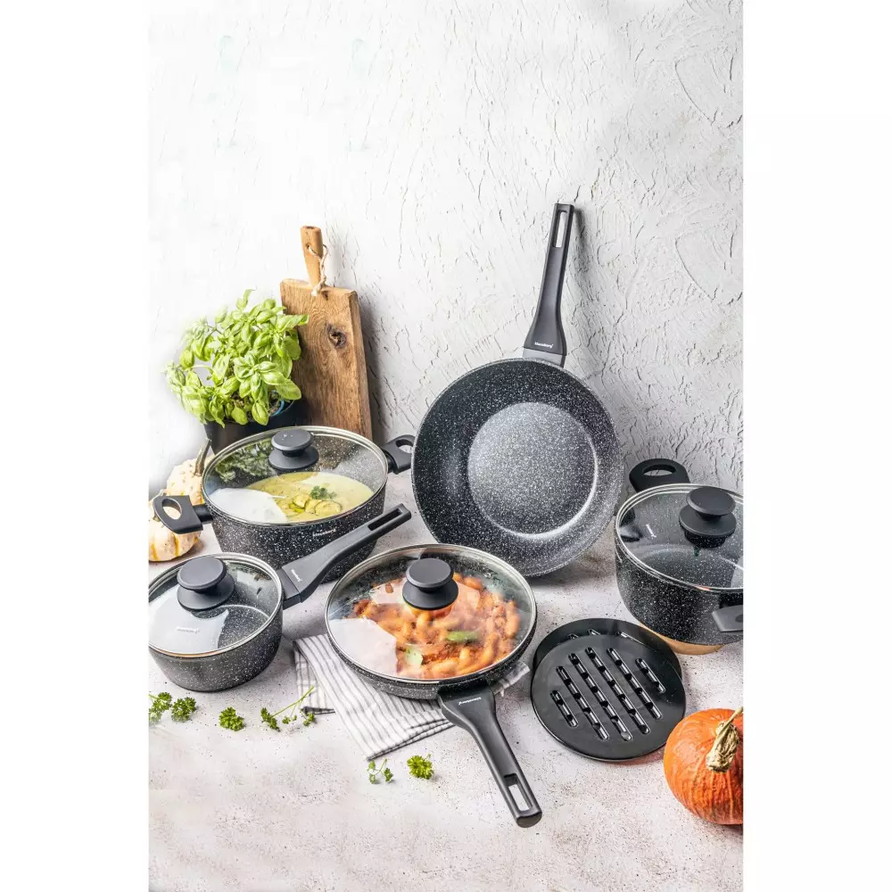 Set vase pentru gatit cu invelis antiaderent din marmura, 12 piese, 4 oale, 2 tigai, 5 capace si suporturi termorezistente (KB-7657) [3]