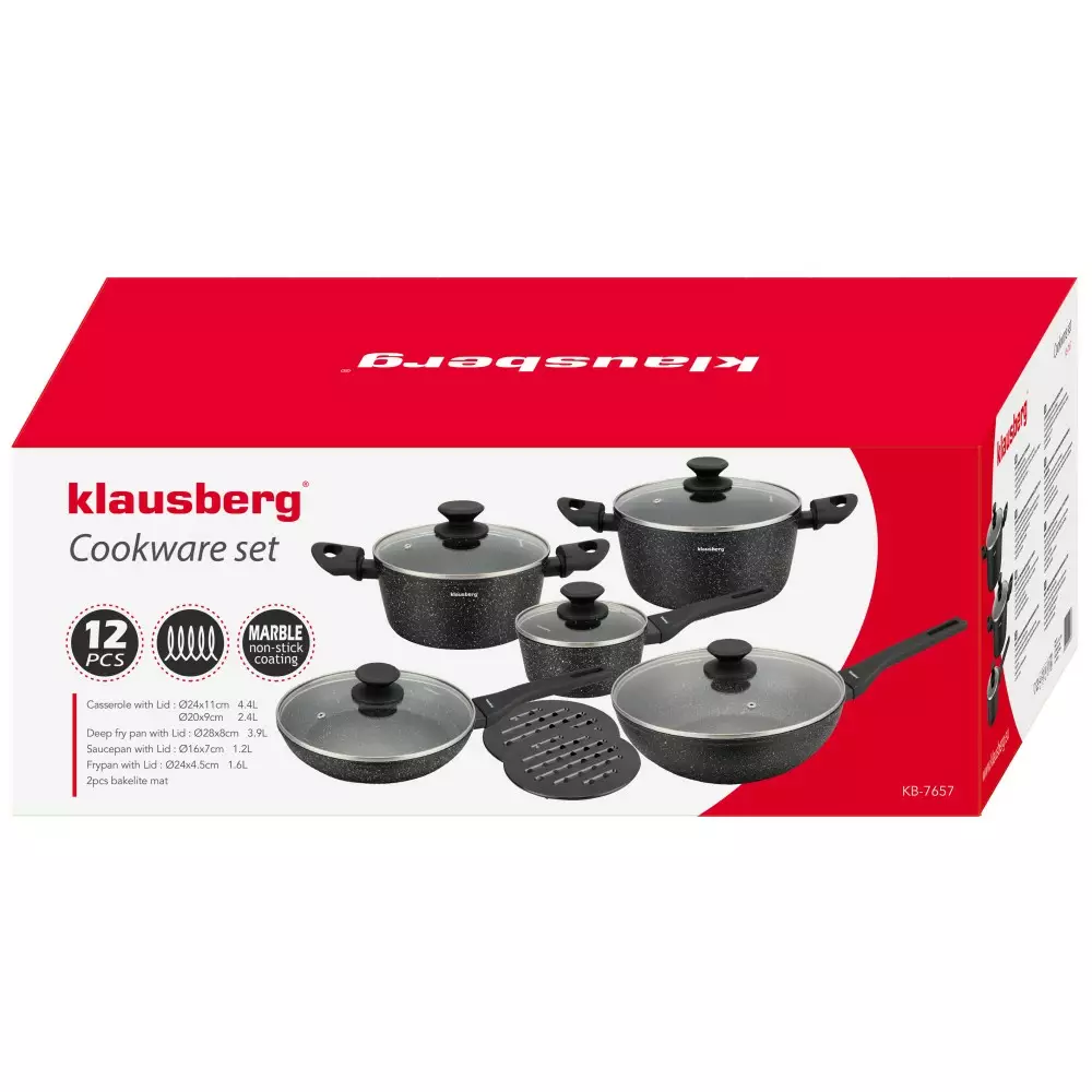 Set vase pentru gatit cu invelis antiaderent din marmura, 12 piese, 4 oale, 2 tigai, 5 capace si suporturi termorezistente (KB-7657) [7]