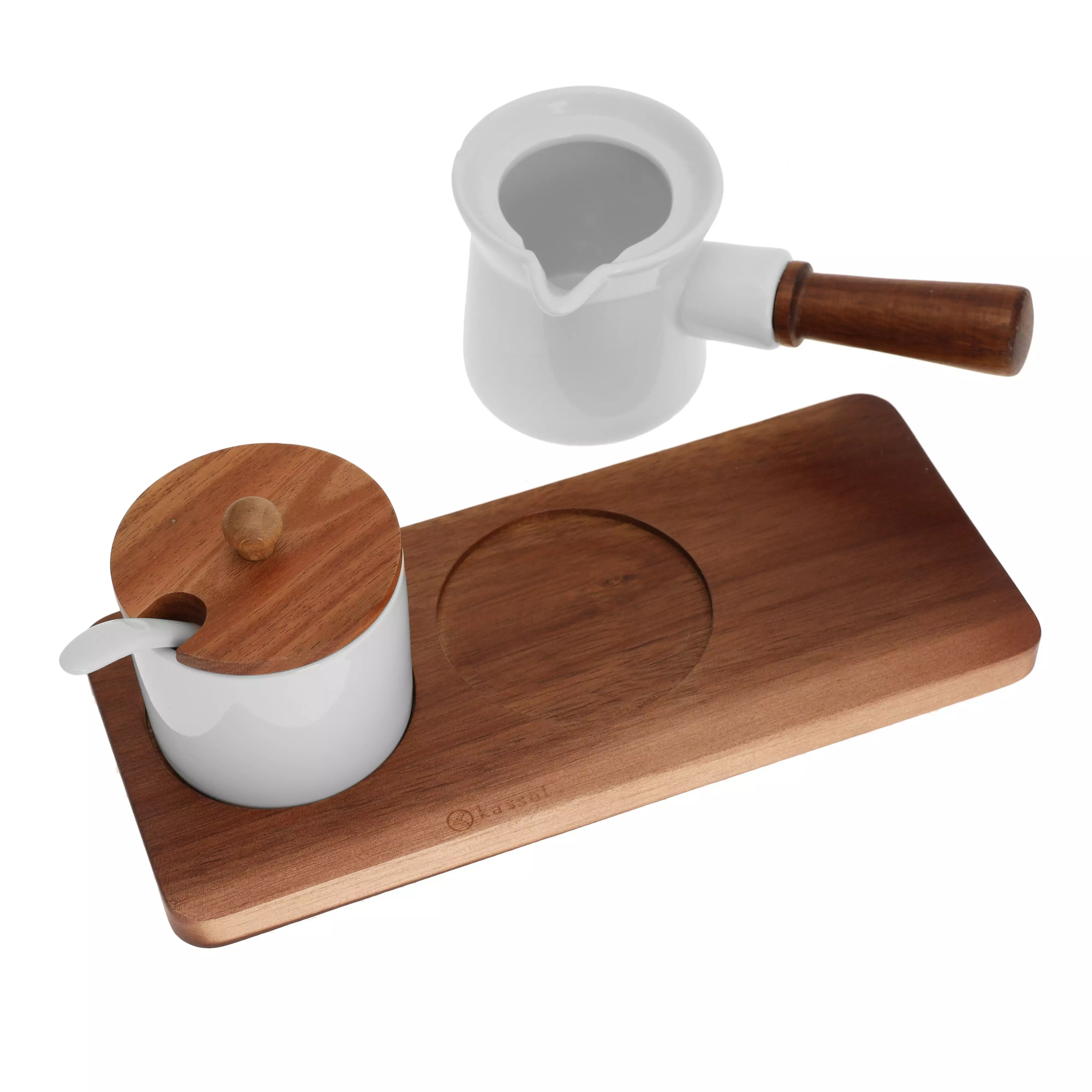 Set zaharnita si ulcior pentru lapte din portelan cu suport din lemn de salcam (93559) [3]