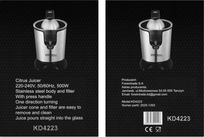 Storcator electric de citrice 500 W, din inox, cu maneta de presare (KD4223) [12]