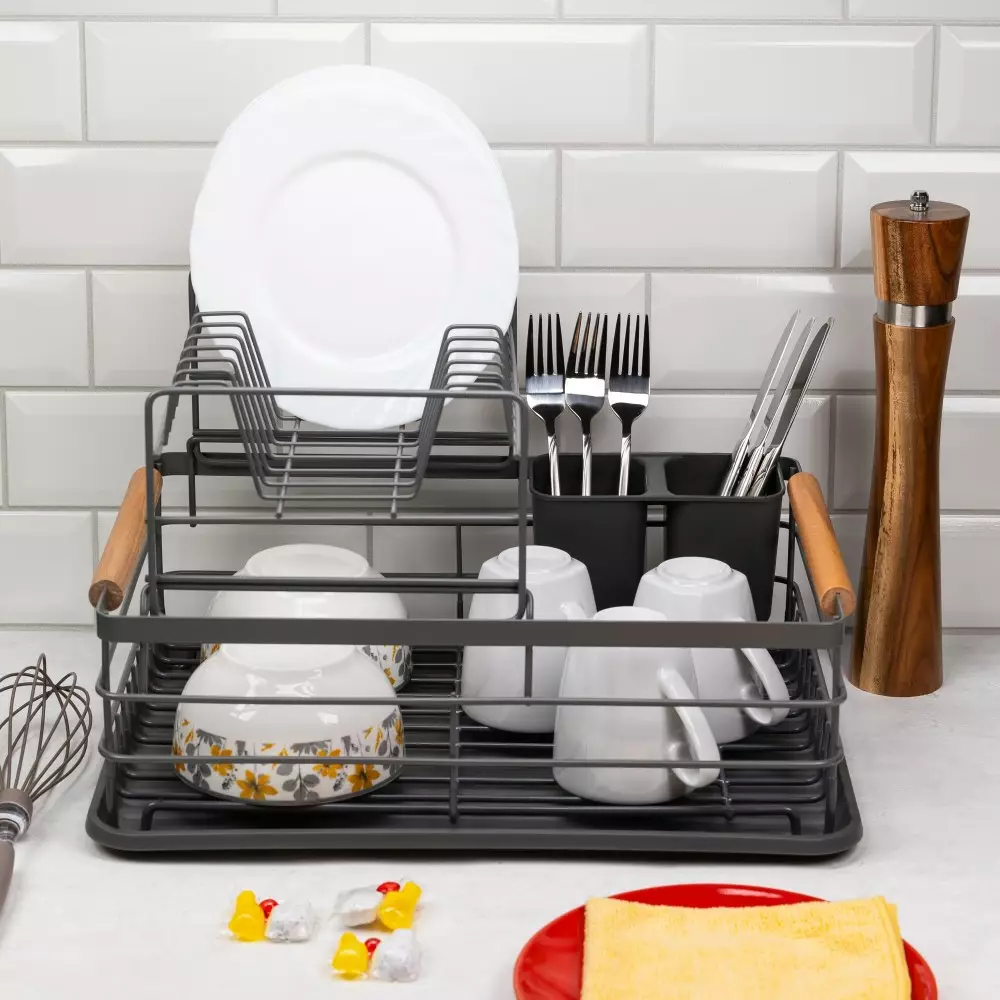 Suport pentru uscare vase bucatarie, doua niveluri, gri, otel plastic si lemn (KH-1797) [3]