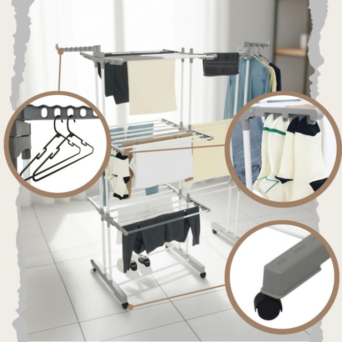 Suport pliabil pentru uscare rufe, 3 niveluri, extensibil, cu 6 roti (KH-2044) [3]