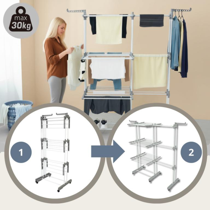 Suport pliabil pentru uscare rufe, 3 niveluri, extensibil, cu 6 roti (KH-2044) [7]