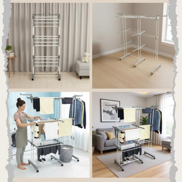Suport pliabil pentru uscare rufe, 3 niveluri, extensibil, cu 6 roti (KH-2044) [12]