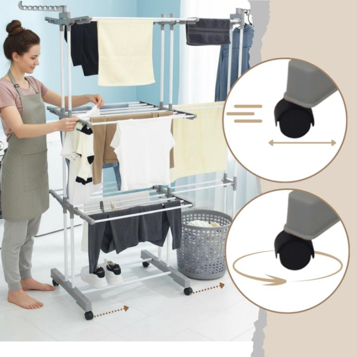 Suport pliabil pentru uscare rufe, 3 niveluri, extensibil, cu 6 roti (KH-2044) [4]