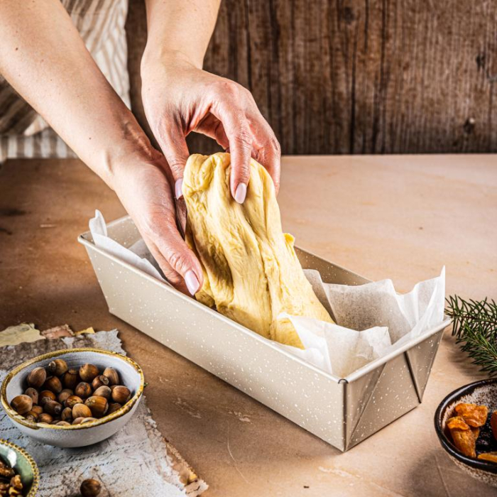 Tava de copt din otel carbon cu strat marmorat antiaderent, bej, 31x11,8x7,5 cm (KH-1972) [9]