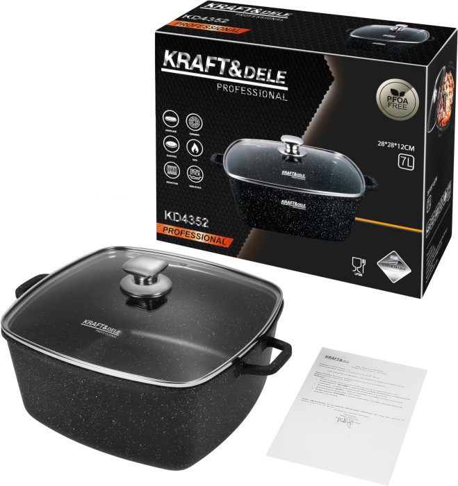 Tigaie adanca 7L antiaderenta, 28 x 28 x 12 cm, cu capac, pentru inductie/gaz/electric (KD4352) [2]