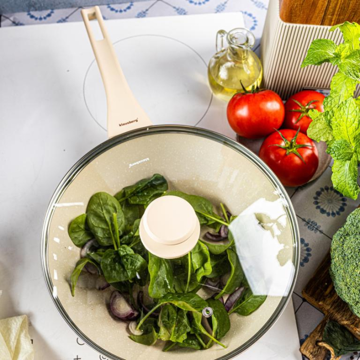 Tigaie wok 28 cm 3.9L cu capac sticla si coating marmura antiaderent culoare crem (KB-7991) [2]