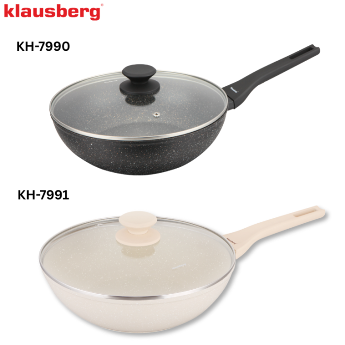 Tigaie wok 28 cm 3.9L cu capac sticla si coating marmura antiaderent culoare crem (KB-7991) [9]