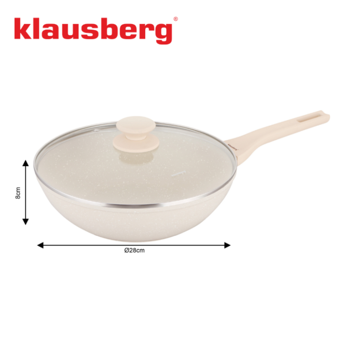 Tigaie wok 28 cm 3.9L cu capac sticla si coating marmura antiaderent culoare crem (KB-7991) [11]