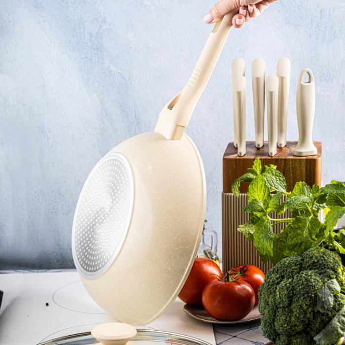 Tigaie wok 28 cm 3.9L cu capac sticla si coating marmura antiaderent culoare crem (KB-7991) [14]