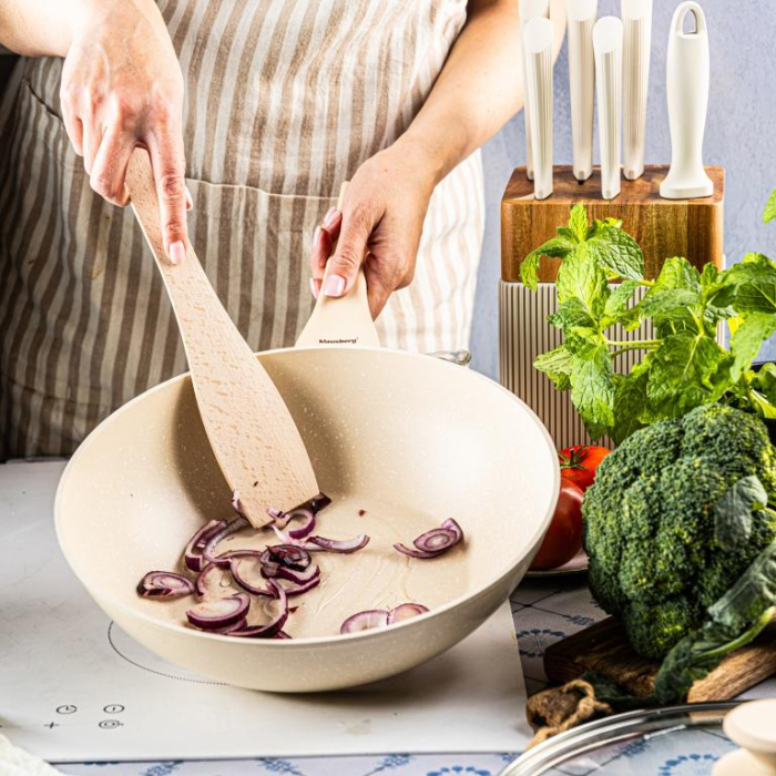 Tigaie wok 28 cm 3.9L cu capac sticla si coating marmura antiaderent culoare crem (KB-7991) [3]