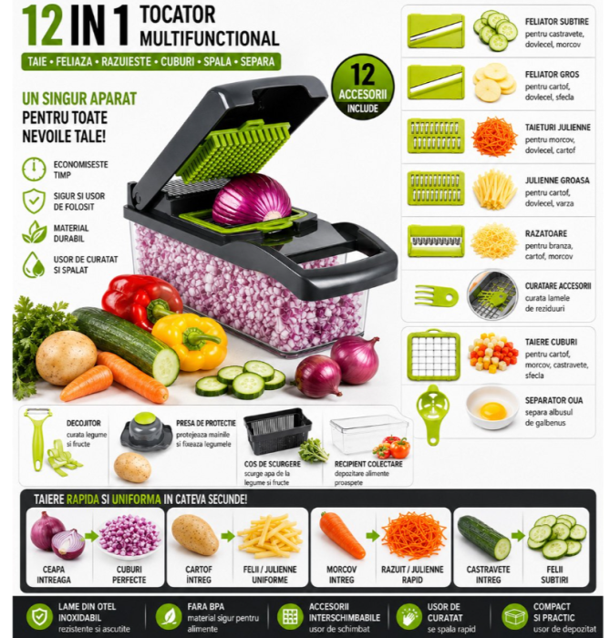 Tocator de legume multifunctional 12 in 1, cu 8 lame inox si recipient colectare  (AAA346) [4]