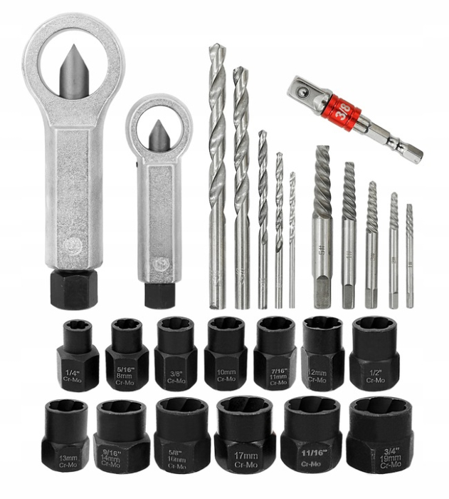 Trusa complet extras suruburi rupte burghie extractoare cu filet invers spart piulite deteriorate 26piese (V86486) [11]