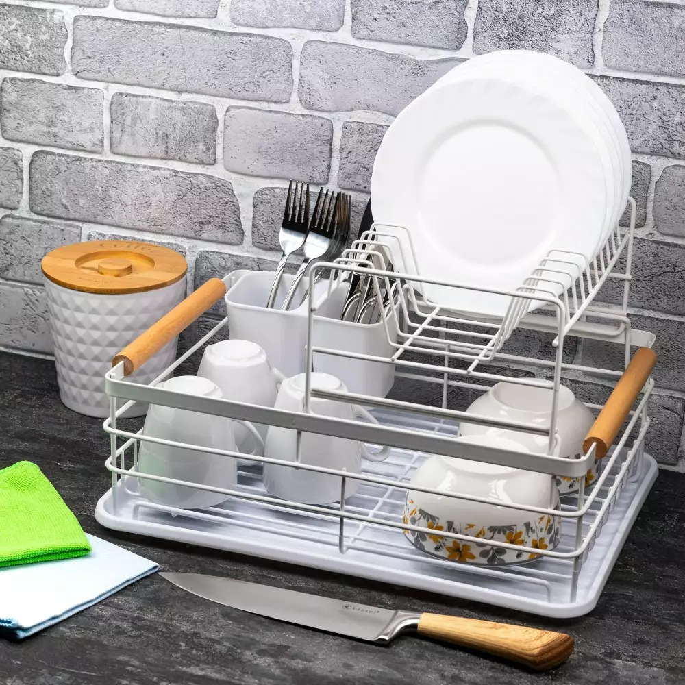 Uscator vase etajat din metal si plastic cu manere lemn alb (KH-1798) [3]