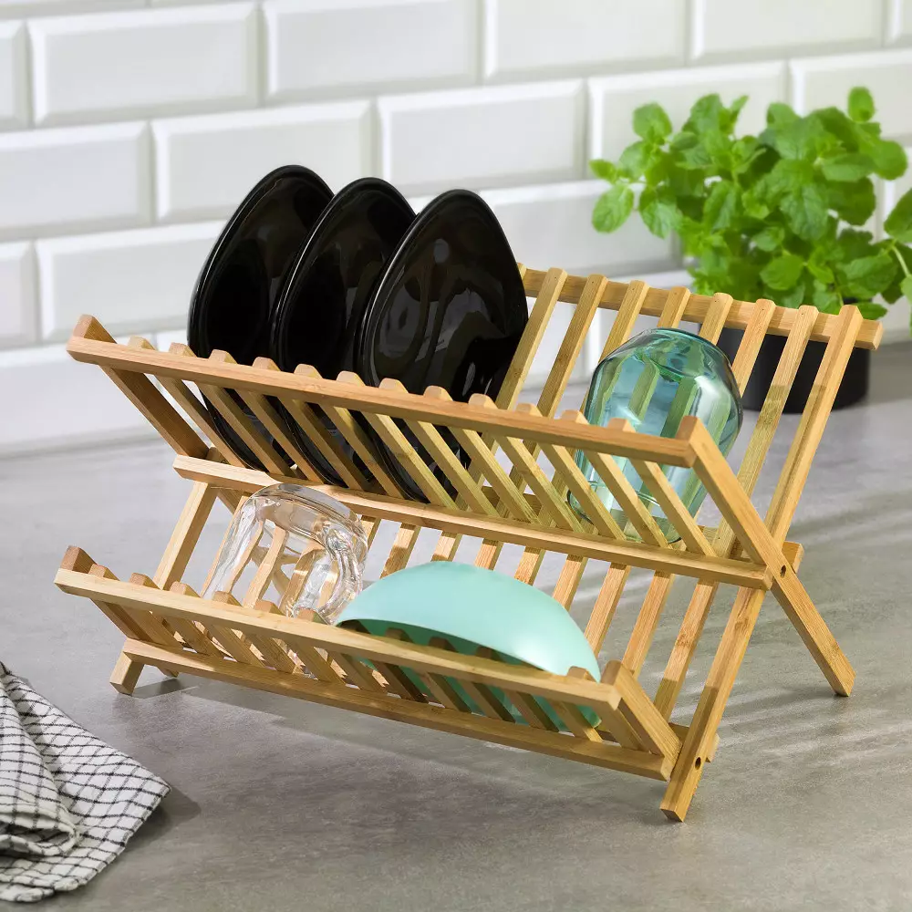 Uscator vase pliabil din lemn bambus natural cu doua niveluri (KH-1631) [2]