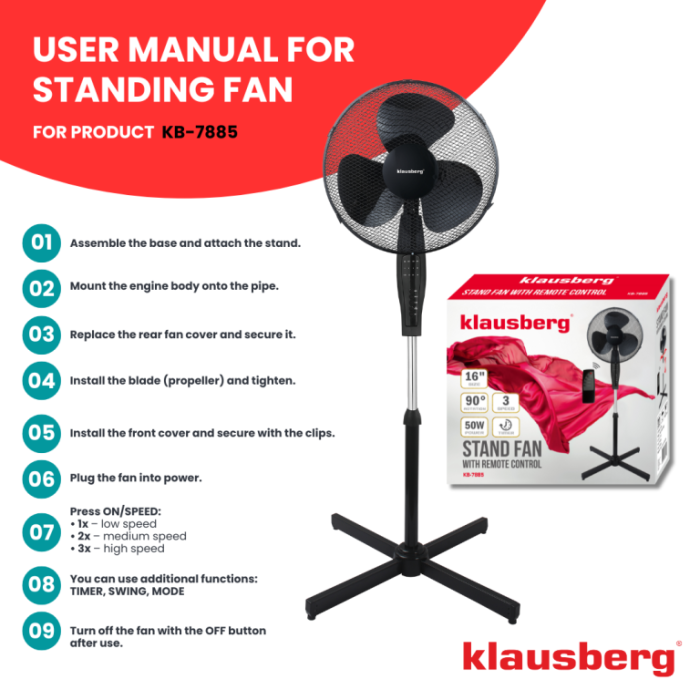 Ventilator cu picior si telecomanda temporizator, 41cm, 50W, 3 viteze negru (KB-7885) [4]