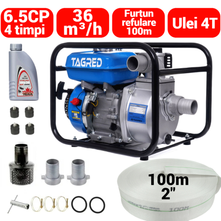 Scule pentru gradinarit - Motopompa benzina 4timpi 6.5CP + furtun 100m 2 toli + ulei motor