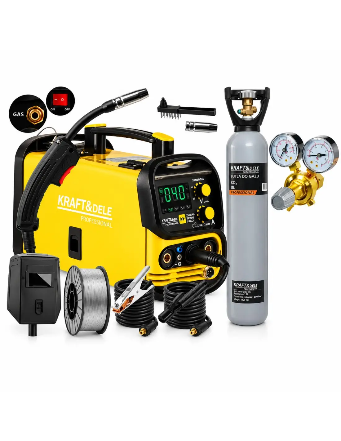 Sudura / taiere - Kit pachet aparat, invertor sudura + butelie + regulator gaz MIG MMA TIG 220A sarma flux fara gaz (KD1882+(1))