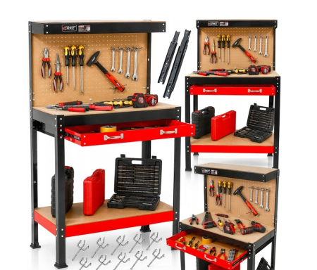 Scule Atelier Auto - Banc de lucru metalic cu dulap extensibil, panou perforat si 10 carlige pentru scule (V83271)
