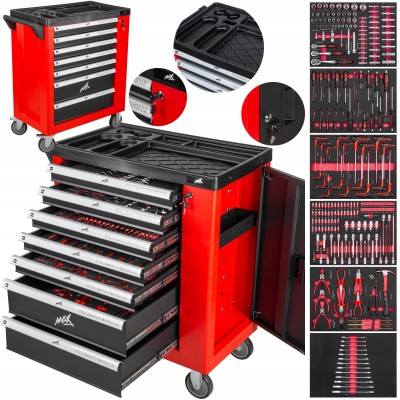 Dulap scule echipat si neechipat - Carucior de atelier si dulap scule mobil cu 7 sertare si usita laterala, echipare 243 piese din otel CrV (MAX-243)