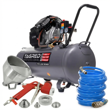 Aparate tencuit - Compresor aer 100l 10bar 2 pistoane + furtun pneumatic aer 5x12mm 20m + pistol pneumatic tencuiala glet vopsea vas 5l 4-6-8mm (TA367+KD673+V81281)