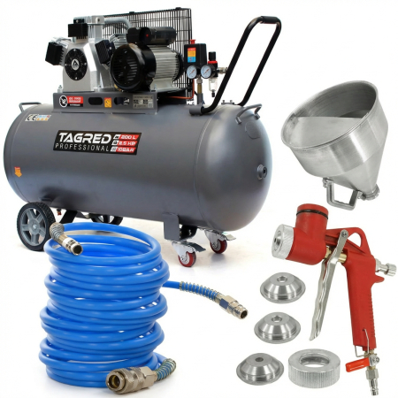 Pachete promotionale - Compresor aer 200l 10bar fara ulei + furtun pneumatic aer 5x12mm 20m + pistol pneumatic tencuiala glet vopsea vas 5l 4-6-8mm (TA3395+KD673+V81281)