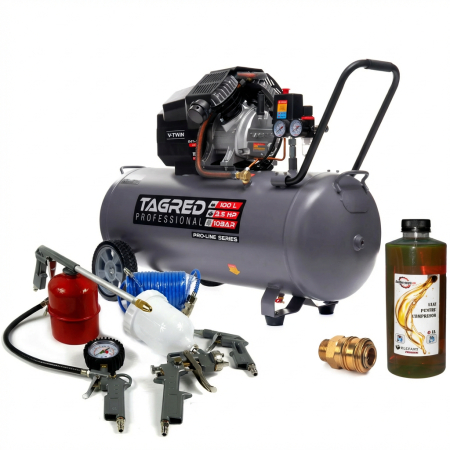 Pachete promotionale - Compresor aer comprimat 100L 2 pistoane 10 BAR + kit 5 accesorii pneumatice + 2L ulei + cupla rapida (TA367+5PCSPNEUM+2X6093+TA0002)