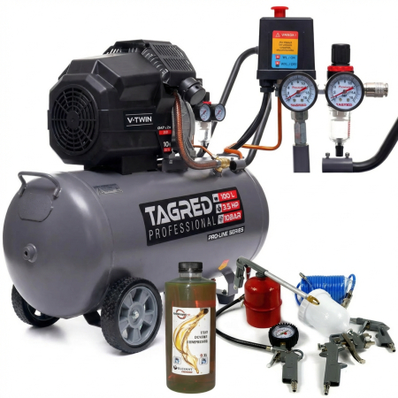 Pachete promotionale - Compresor aer comprimat 100L 2 pistoane + kit 5 accesorii pneumatice + ulei compresor (TA367+PNEUM5PCS+EFT-6093)