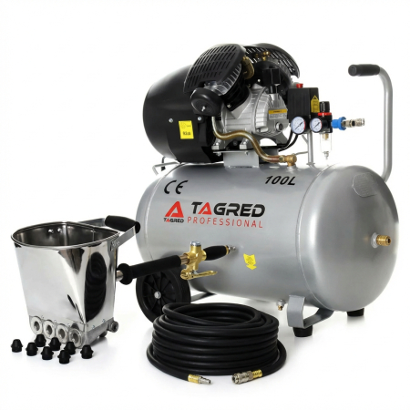 Compresor aer comprimat 100l 8bar + furtun cauciuc pneumatic compresor aer 20m 20bar + masina aparat pneumatic tencuit pereti cu 8 duze (TA361+KD1467+TA1472) [0]