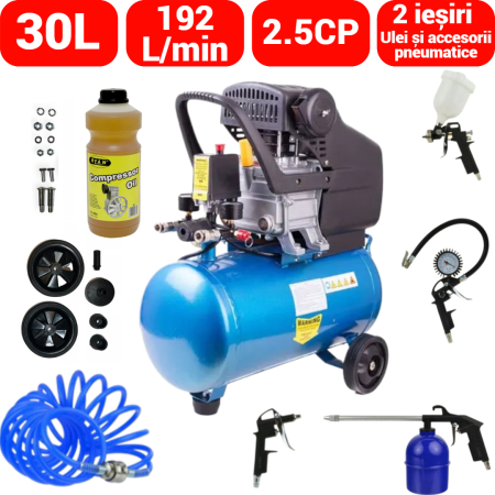Compresoare - BlackFriday Compresor aer comprimat 30L 2.5CP 192L min + kit pneumatic 5piese 8bar (BX-3256)